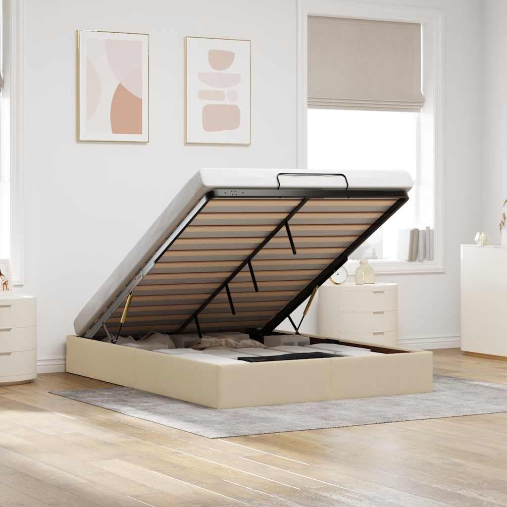 Letto ottomano in tessuto color crema, 140 x 190 cm, con vano portaoggetti e meccanismo di sollevamento idraulico, letto imbottito senza materasso, rete a doghe inclusa, portata fino a 140 kg