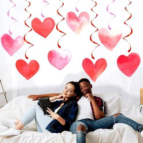 Image of Festiko Cardstock 12 Pcs Valentine's Day Hanging Swirl Decorations (Swirls 3), Red Hearts Swirls For Love Decoration