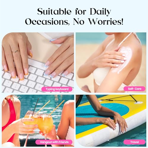 Image of Beetles X Press Summer Nails Kit: Short Square French Tip Press On Nails Kit With 7 Colors 224Pcs Rainbow Nail Tips Nail Glue & Builder Top Coat, UV Light, All-in-One DIY Gift For Women 16 Sizes