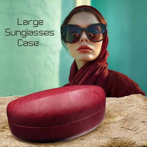 Image of Large Curved Sunglasses Case - Women Hard Shell Glasses Holder - XL Large Eyeglass Case with Pouch &Cloth