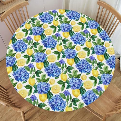 KiuLoam Summer Hydrangea Lemon Round Fitted Tablecloth with Elastic Edge Yellow Fruit Blue Floral Farmhouse Table Cloth 45-50 Inch Washable Outdoor Table Cover for Picnic Dinner Patry Decor by KiuLoam - Used condition - Image 3