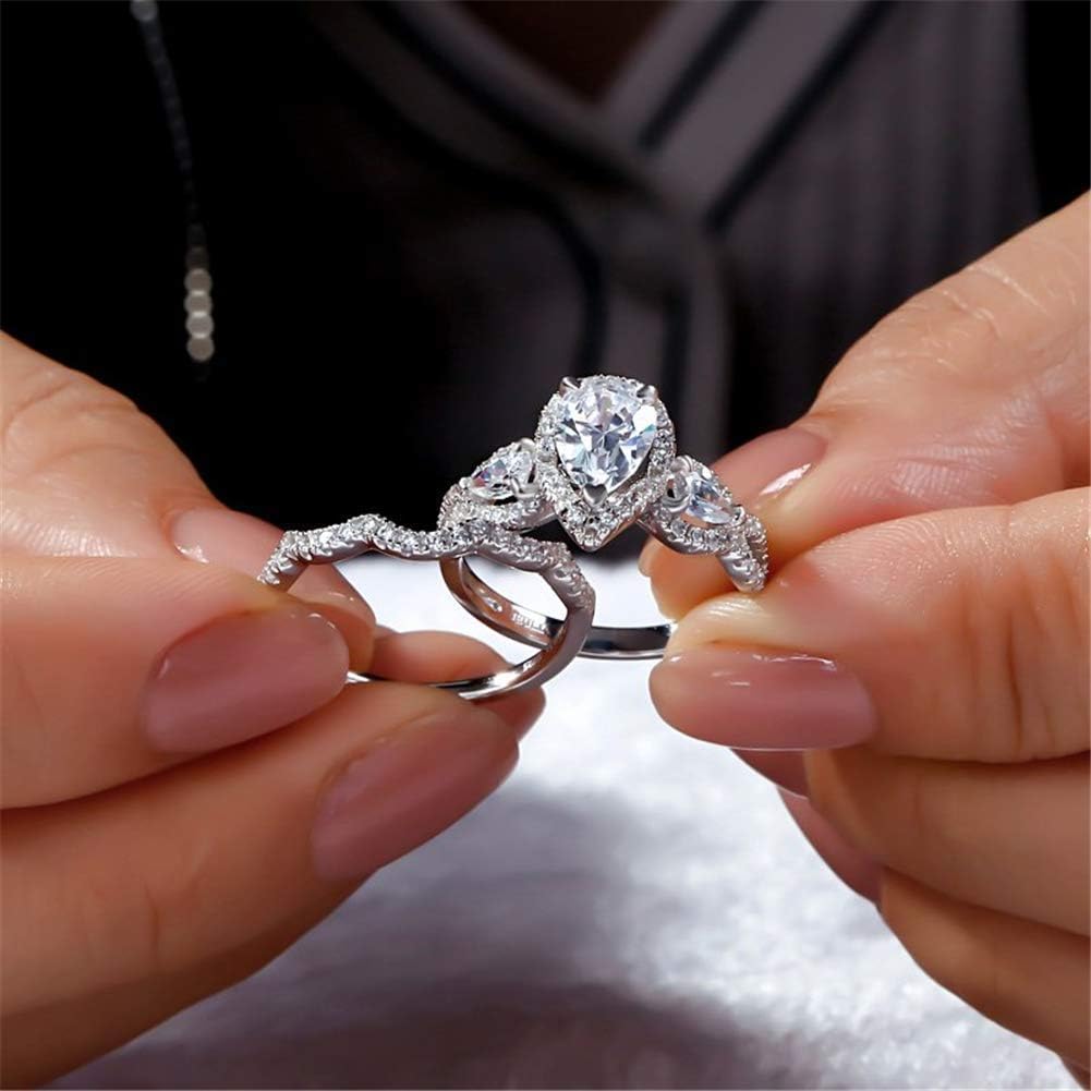 Jeulia 3 Carat Women Three Stone Wedding Ring Set 925 Sterling Silver Pear Cut CZ Engagement Rings Halo Twist Eternity Promise Rings Anniversary with Jewelry Gift
