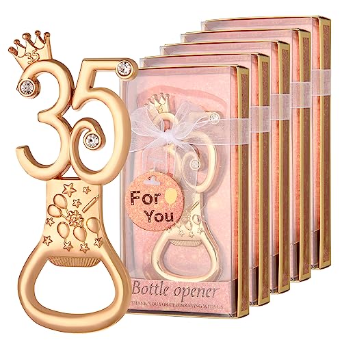24 boxes of rose gold themed 35th birthday bottle openers,