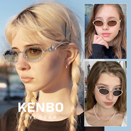 KENBO Petite Rhinestone Sunglasses for Women 90s Styles Bling Hippie Disco Trendy Sun Glasses Small Face3