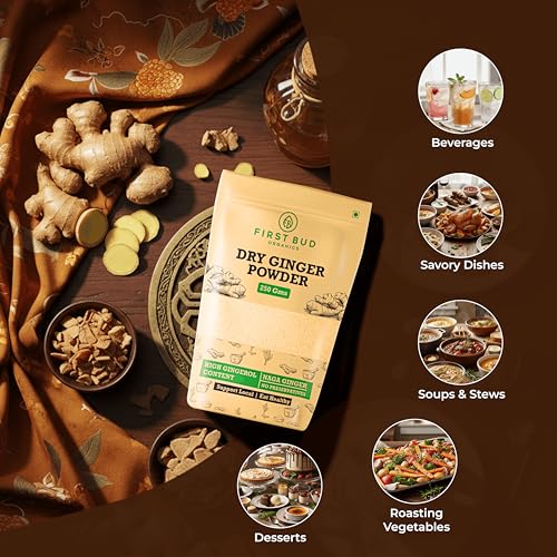 Image of First Bud Organics Dry Ginger Powder - 250gm | Organic Ginger Powder With High Gingerol Content | Non GMO, Gluten Free & No Preservatives | Perfect For Cooking, Baking, Smoothies, and Teas