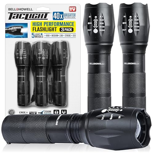 TacLight 3 Pk Tactical Flashlights High Lumens 40x Brighter than Regular Flash Light, SoS Strobe, Zoomable, Aircraft Grade Heavy Duty, Waterproof, Battery Powered, for Emergencies Power Outage Camping