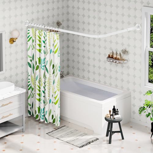 Duschvorhangstange L Form, (60-135cm) × (60-135cm) Verstellbare Weiß Duschstange L Form, Duschstange Ecke mit 12 Ringen & Deckenstütze für Badezimmer, Bohren Erforderlich
