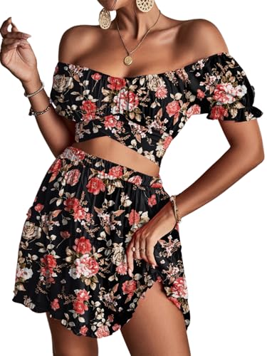 LYANER Women's 2 Piece Outfits Floral Off Shoulder Tie Up Crop Top and Mini Skirt Set