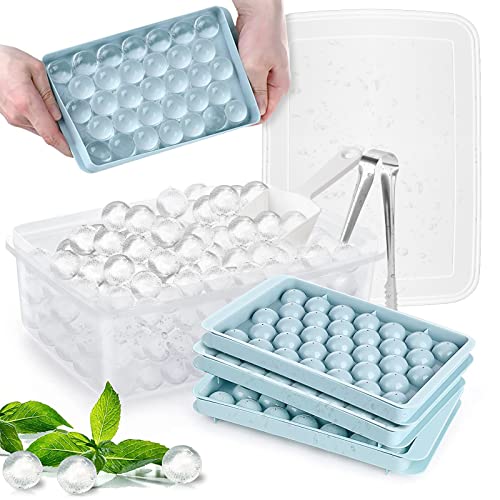 Qoosea Ice Cube Tray with Lid and Bin 3 Pack Round Ice Cube Trays with Tongs & Scoop Making 1in X 99PCS Small Ice Balls Chilling Cocktail Whiskey Coffee BPA-Free Ice Trays for Freezer