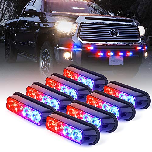 Xprite Red & Blue 4 LED 4 Watt Surface Mount Deck Dash Grill Grille Strobe Lights Warning Police Light for Emergency Vehicle - 8 Pieces