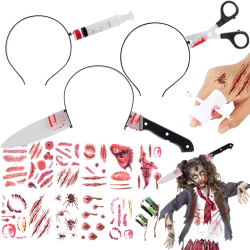 Halloween Messer im Kopf,ZXYue 4 Stück Messer im Kopf Halloween Haarreif Horror Schere Messer Syringe im Kopf Hallowee Deko Mit 12 Blatt Halloween Narben Tattoos für Erwachsene Kinder Halloween Party