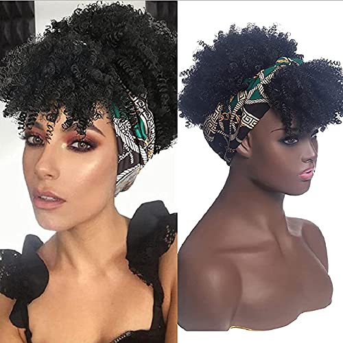 Cosplay Afro Kinky Curly Wig with Pony on Headband Short Black Hair Wig with African Head Wrap Attached for Black Women Head Wrap Wig 2 in 1 (kurz, schwarz) for Cosplay Party Daily Use Beauty Cover