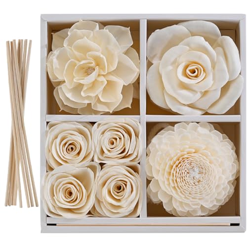 Flower Reed Diffuser Sola Wood Flowers Natural Material Aromatherapy Reed Decorative Aromatherapy Flower Refill Diffuser Reeds 7Pcs Flower 7Pcs Rope 8 Pcs Diffuser Rattan (2-3.5 Inches White)