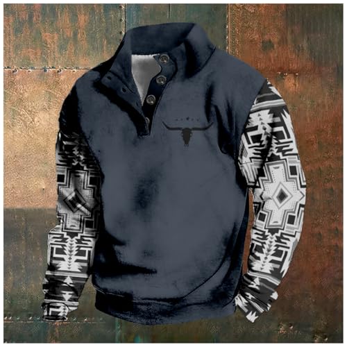 Bengbobar Men's Western Sweatshirt Cowboy Bull Head Aztec Hoodies Long Sleeve Button Stand Collar Ethnic Pullover Jackets2