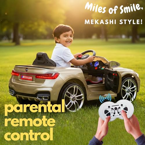 Image of MEKASHI Electric Ride-On Car for Kids 1-7 Years, 12V Battery, Remote Control, 5 Speed, LED Lights, Bluetooth, Metallic Gold