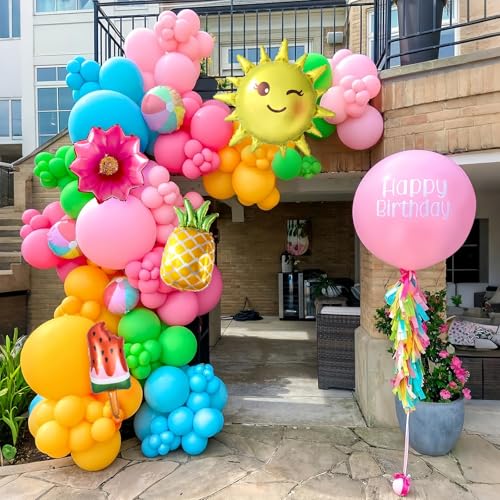 Image of Summer Tropical Balloon Arch Kit,129Pcs Hot Pink Green Gold Balloon Garland with Watermelon Ice Pop,Sun,Pineapple,Flower Foil Balloons for Hawaiian Luau Baby Shower Birthday Pool Party Decoration