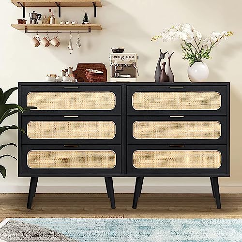 Image of QHITTY Drawer Dresser Set of 2, Rattan Chest of Drawers with 3 Drawers Dresser, Accent Storage Cabinet Modern Bedside Table for Living Room, Bedroom, Entryway (Black)