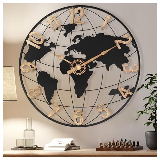 24 Inch Large Wall Clock for Living Room Decor,Big Modern Decorative Silent Metal World Map Wall Clock with Vintage Gold Arabic Numeral for Office,Living Room,Kitchen,Dining Room