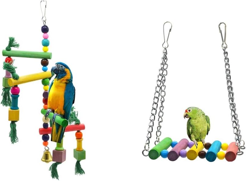 KISSTAKER Bird Toys,Swing and Chew Toy Set with Bells Parrot/Love Birds/Conures/Finches Wood Colorful Knots Block