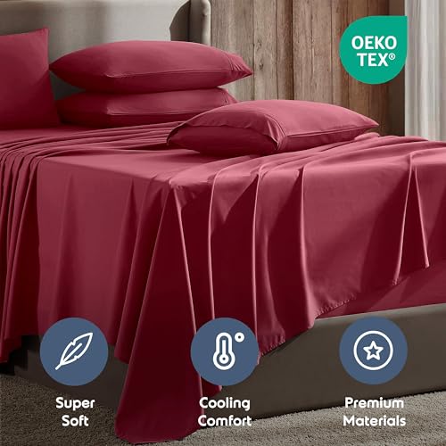 Image of Nestl Extra Deep Twin Sheet Set - 4 Piece Breathable & Cooling Sheets - Hotel Luxury Bedding Set w /18-24 Inch Deep Pockets - Easy & Secure Fit - Super Soft, Wrinkle Free & Comfy - Burgundy Red