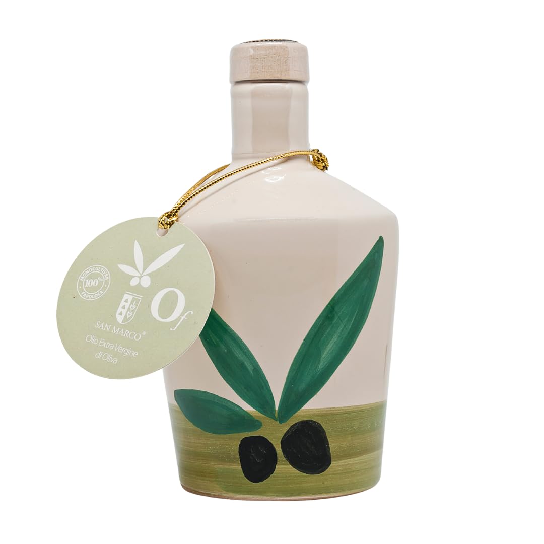 San Marco - Bottiglia Olio in Ceramica Artigianale da 250ml – Oliera in Ceramica Fatta e Decorata a Mano con Tappo Dosatore – Design Rustico Moderno, Made in Italy