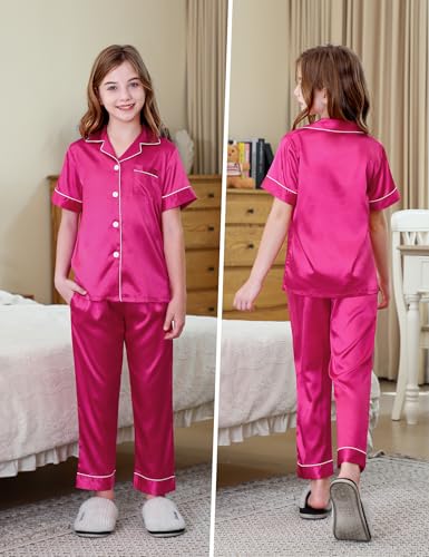 DIPUG Girls Satin Pajamas Set with Pockets Soft Sleepwear Girl Pjs Silky Button Down PJ2