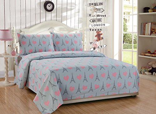 Linen Plus Comforter Set For Girls/Teens Paris Eiffel Tower Hearts Grey Pink New (Full) #TOP1