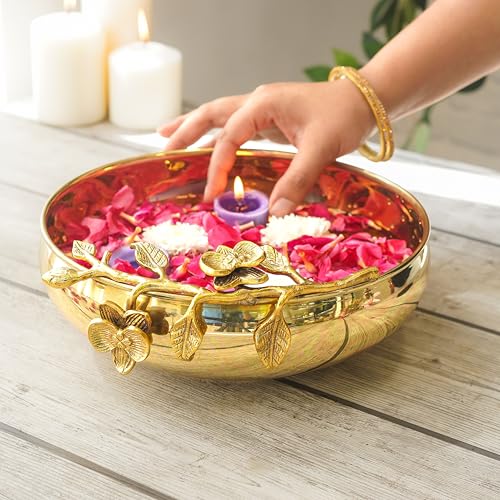 Image of BEHOMA Flower Design Brass Urli Decor Bowl, 10 inch | Flower-design brass urli bowl, 10 inch; golden centerpiece for haldi, mehndi, wedding & Diwali decor.