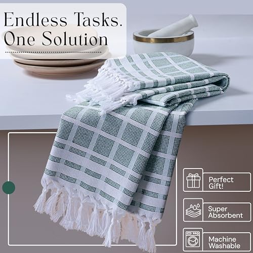 Image of 4 Pack Combo Colors Matrix Kitchen Towels, 100% Cotton, 16 inchx26 inch, Absorbent Tea Towel with Handmade Tassels, Reusable Cleaning Cloths - Lavender, Sandal Yellow, Aqua Blue, Forest Green