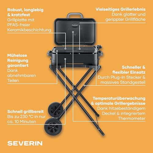 Severin Stand- und Tischgrill, Elektro-Grill für Balkon, 2300W, 10 Min. Aufheizzeit, Keramik-Beschichtung, max. 230°C, mit Deckel, Standgestell, Thermometer, 45x30cm Grillfläche, matt-schwarz, PG 8598