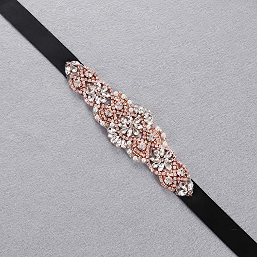 Yanstar Rose Gold Wedding Belt Bridal Sash Belt With Rhinestone Crystal Beaded Detail Black Sash For Wedding Dress - Thumbnail 6