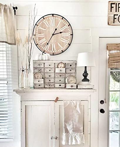 Mode Home 24 Inch Oversized Famhouse Wall Clock, Rustic Antique Wood With Metal Circle And Large Engraved Numerals, Silent Battery Operated For Office Kitchen Bedroom Living Room, Nature #TOP5