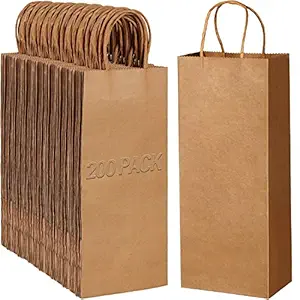 Handepo Paper Wine Bags Kraft Brown with Convenient Handles 13 x 5.3 x 3.3 Inch Gift Tote Shopping Bags for Small Business Brown Wine Gift Wrap(200 Pieces)