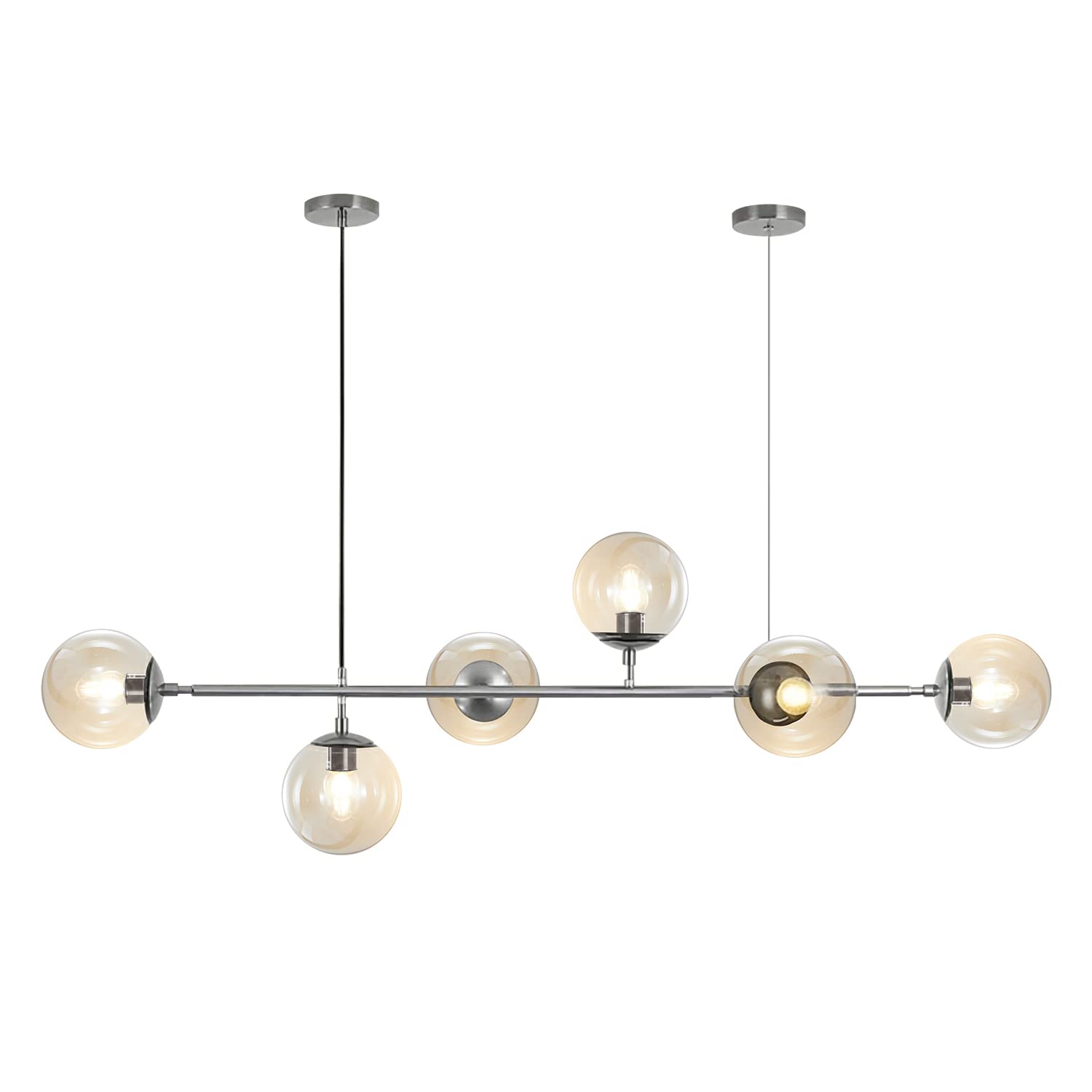 KXEcoLife Mid-Century Modern Pendant Light - 6-Light Glass Globe Chandelier, Brushed Nickel Finish, Adjustable Kitchen Island Lighting Fixture(Silver+Amber)