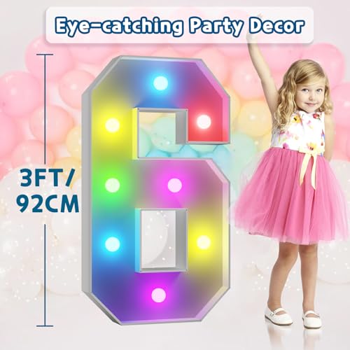 Image of Imprsv Colorful 3FT Marquee Numbers 6, 18 Colors Large Light up Numbers | RGB with Remote, Birthday Party Decorations Anniversary Wedding Decorations Assembly Required 21 Pcs Accessory Set