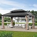 Modern Shade Hardtop Gazebo 12' x 16' with 4 LED Lights, Permanent Outdoor Gazebo with Double Roof, Aluminum Frame, Patio Pavilion with USB Charging Port Deck, Mosquito Netting and Curtains, Black