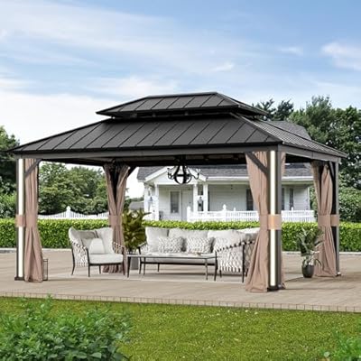 Modern Shade Hardtop Gazebo 12' x 16' with 4 LED Lights, Permanent Outdoor Gazebo with Double Roof, Aluminum Frame, Patio Pavilion with USB Charging Port Deck, Mosquito Netting and Curtains, Black