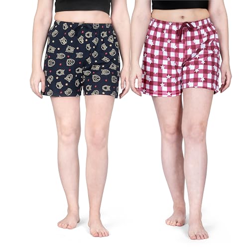 Real Basics Women's Regular Shorts (RB-W-Shorts-XXL-P2-BluPRT_Rdchek_Multi-Colored_XXL)