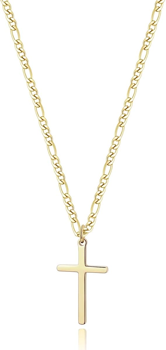 TASBERN 14K Gold Filled Cross Necklace for Men Stainless Steel Polished Plain Cross Pendant Necklace Simple Faith Jewelry Gift for Son Boy 18" | 