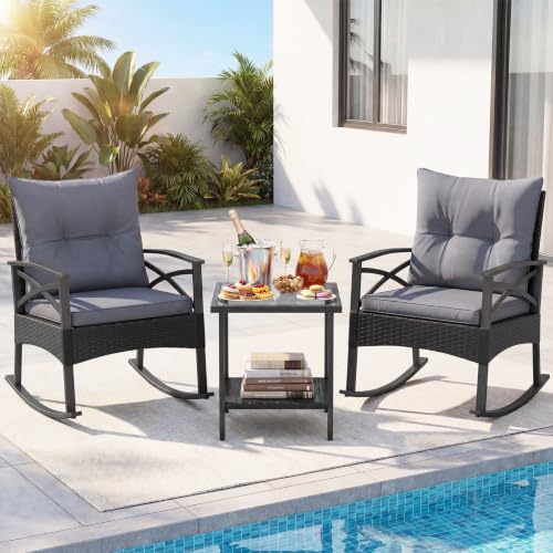 Image of Tangkula 3 Pieces Wicker Outdoor Rocking Chairs Set