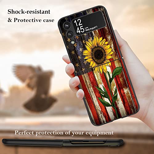 XMTMR-Glass Galaxy Z Flip 3 5G Case, Ultra-Thin Hard Cover PC Scratch-Resistant Anti-Fall System Protective Case, Suitable for Samsung Galaxy Z Flip 3 5G (2021), American Flag and Sunflower