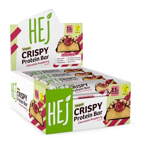HEJ Vegan Crispy Protein-Riegel - Zuckerarmer High-Protein-Snack mit 11g Eiweiß - Ohne Künstliche Aromen, Sucralose & Soja - Chocolate Raspberry 12 x 45g