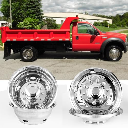 Image of 4pcs 19.5 inch Polished Stainless Steel Dually Wheel Simulators,Nice Looking and Durable Bolt On Wheel Cover, 10 Lug 5 Hand Hole Hubcaps Fit for 2005-2025 Ford F450 /F550 with Installation Tool