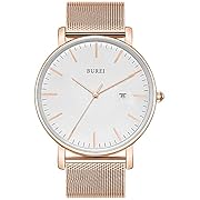 BUREI Ултра тънки часовници Мъжки черен аналогов...