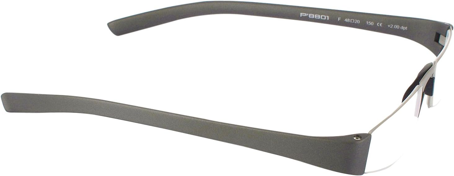 Porsche 8801 Single Vision Half Frame Designer Reading Glasses, Silver/Gunmetal, +2.00