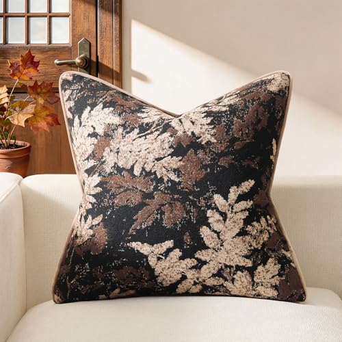 Kevin Textile Vintage Leaf 18x18 Inch Pillow Cover 1 Pack Soft Nature Plants Embroidered Texture Square Cushion Cover Accent Decorative Pillowcase for Couch Sofa Chair Bed, Brown