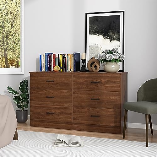 Bigbiglife 6 Drawer Wood Dresser, Wide Chest of Drawers, Bedroom Furniture, Clothes Storage and Organizer, 15.8\" D x 47.2\" W x 27.7\" H, Walnut Brown - Thumbnail 2