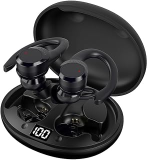 Wireless Earbuds with Earhooks Bluetooth Headphones Ear Buds,IPX6 Waterproof,Painless for Long Term Wearing,Single Battery Life 10H,LED Digital Display Headset with Earhooks for Sport Running Workout