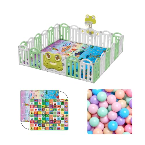 Image of Kids Station Frog Design Baby Play Yard 150 x 180 with Playmat & 20 Colourful Balls, Secure Playpen for Infants & Toddlers, Breathable Mesh, Anti-Fall, Home Use (Green)