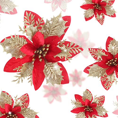 GORGOU 24 Pcs Red Poinsettia Christmas Tree Decorations -5.5“ Glitter Poinsettia Xmas Flowers Fake Flower with Clips Plus Stems -Poinsettias Artificial Christmas Flowers for Christmas Decorations